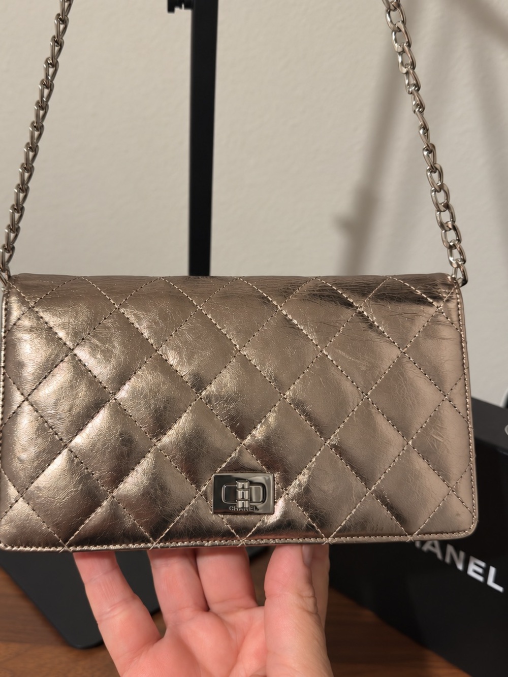 CHANEL Soft Gold Quilted Wallet Purse Added Chain Strap Box Card & Booklet